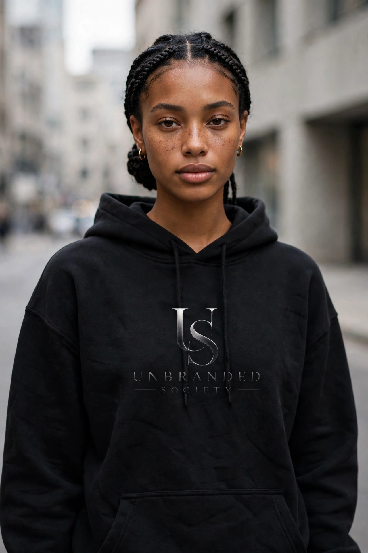 Hoodie, front view, with the silver Unbranded Society logo on the chest.