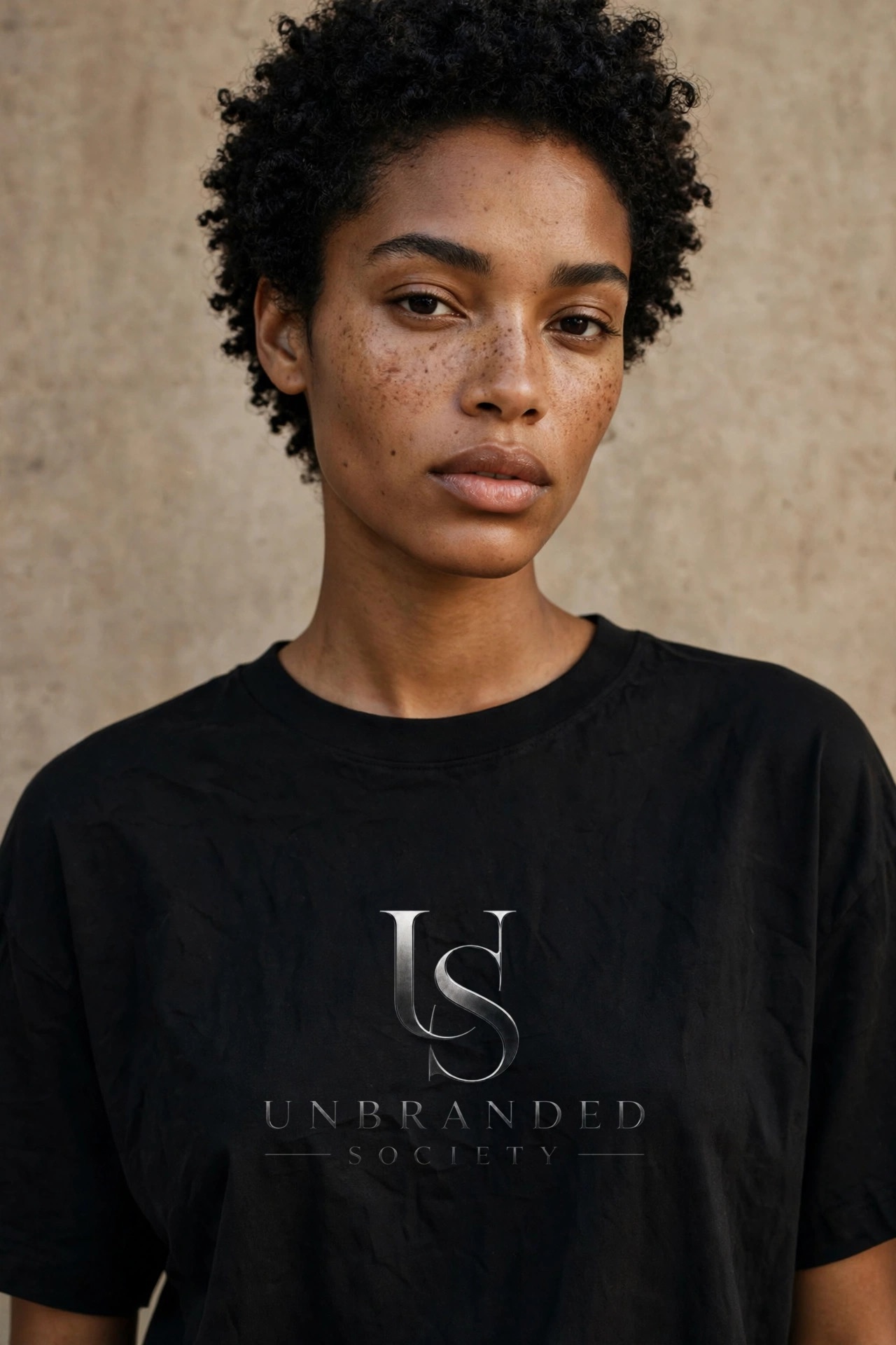 Oversized T-shirt, front view, close editorial crop.