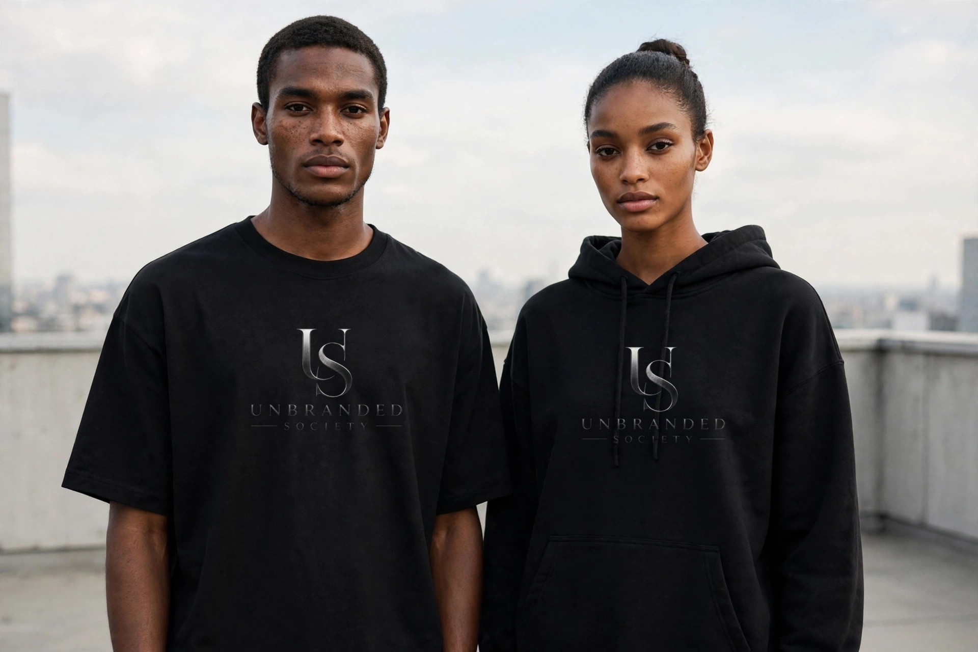 Two models side by side: one in the black oversized T-shirt and one in the black oversized hoodie, both showing the Unbranded Society logo on the front.