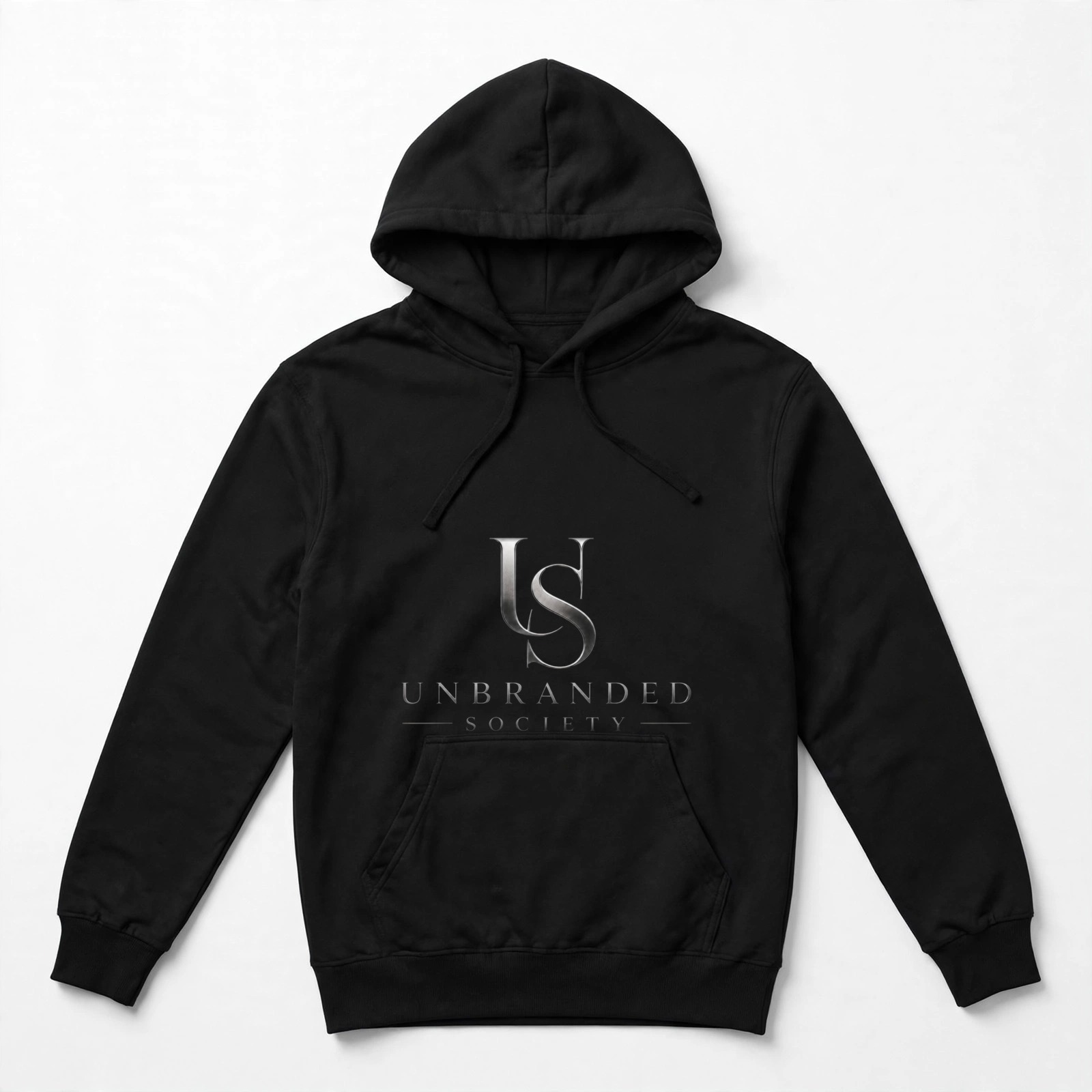 Black oversized hoodie, front view, with the silver Unbranded Society logo on the chest.